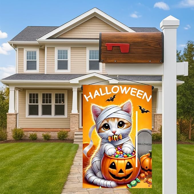 Halloween Garden Flag 11.81 x 17.72 Inch Cute Kitten in Mummy Costume with Pumpkin Candy Bucket Bats and Gravestone Outdoor Yard Decoration for Holiday Party