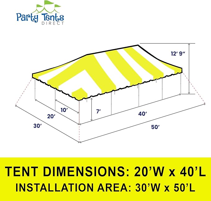 Party Tents Direct 20'x 40' Weekender Canopy Pole Tent with Sidewalls - Easy Up Canopy Tent with 160 Person Capacity - Outdoor Canopies for Parties, Weddings, and Events (Yellow/White)