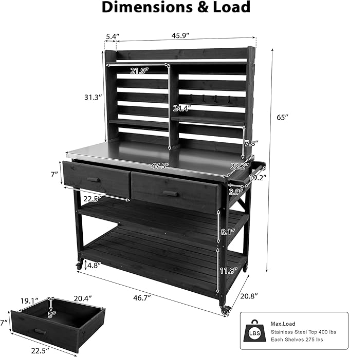 Polibi 64.9" H Outdoor Potting Bench Table with Lockable Wheels,Solid Fir Wood Outdoor Kitchen Island (Black)