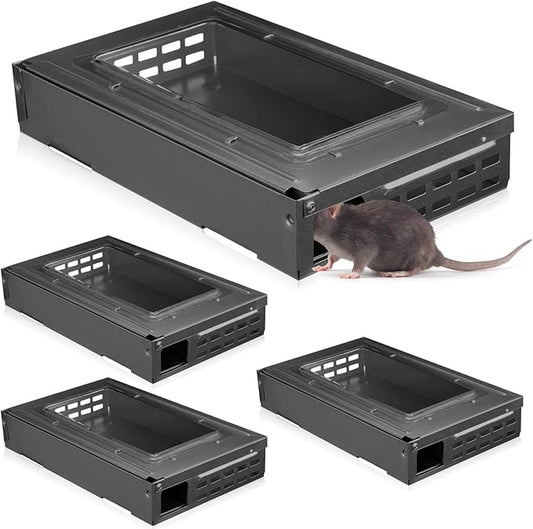 Qualirey 4 Pack Multi Catch Mice Trap Clear Top Humanized Mouse Trap Rodent for Indoor Outdoor Rat Control Pet and Security (Black)