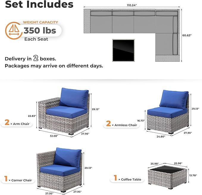 ovios 6 Pieces Patio Furniture Set, Outdoor Wicker Sectional Sofa with Glass Table Comfy Cushions, Modern Modular Deep Seat Couch Rattan Conversation Set, Navy Blue