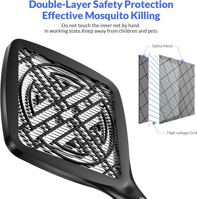 Mafiti Bug Zapper 3000V Ultra-Light Electric Fly Swatter with LED Light,Bug Zapper Indoor with Safety Grid for Home,Kitchen&Outdoor Camping-AA Battery Powered (not incl.)