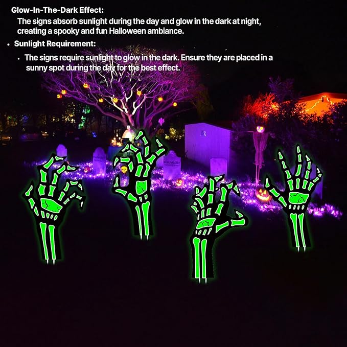 4 Pack Halloween Yard Decorations Skeleton Hands Glow in Dark, 15”x8” Outdoor Waterproof Light-Up Props for Scary Graveyard, Garden Pathway, Party, Haunted Porch Displays, Indoor