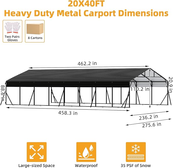 20 x 40 FT Metal Carport with Galvanized Steel Roof, Heavy Duty Metal Roof Carport with Enhanced Base, Tall MetalCarport Kits Garage for Tractors, Trucks, Boats, Cars