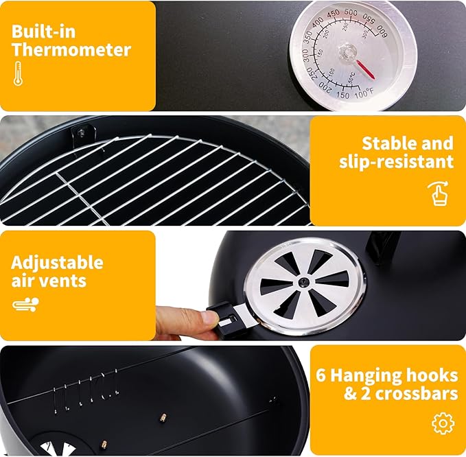 16 inch Vertical Charcoal Smoker, BBQ Grill, Fire Pit, 3-in-1 with Built-in Thermometer, Adjustable Air Vent, Idea for Parties, Backyard, Patio, Camping