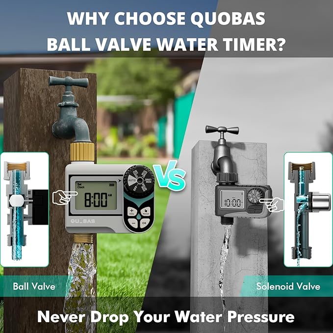QUOBAS Low Pressure Sprinkler Timer with Brass Inlet & Outlet, Water Timer for Garden Hose, Rain Delay, Manual/Automatic Watering, Ball Valve System Compatible with Rain Barrel
