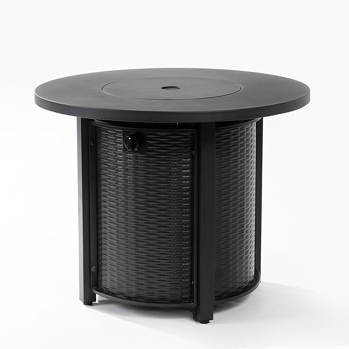32'' Round Gas Fire Pit, 50,000 BTU Steel Outdoor Fire Tables, Fire Table with Lid, Add Warmth & Ambience to Gatherings and Parties On Patio Deck Garden Backyard, Black.