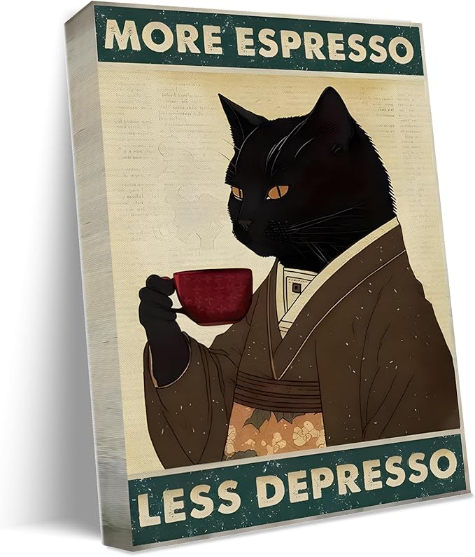 Black Cat Coffee Canvas Framed Wall Art Print, Funny Animal Picture Painting, 11.5x15 inches, Wall decor for Living Room, Bedroom, Bathroom