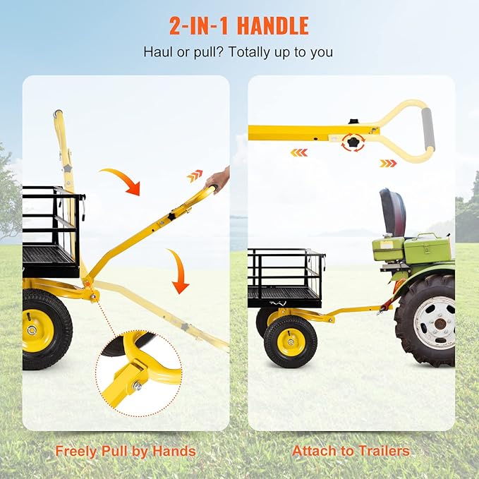 VEVOR Steel Garden Cart, Heavy Duty 1200 lbs Capacity, with Removable Mesh Sides to Convert into Flatbed, Utility Metal Wagon with 2-in-1 Handle and 13 in Tires, Perfect for Garden, Farm, Yard