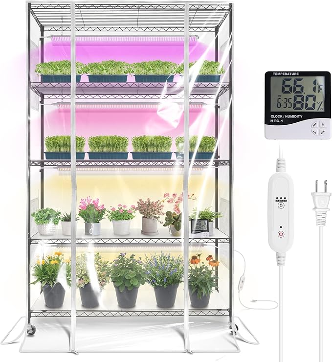 Indoor Greenhouse with Grow Light, Tall Plant Stand with 4 Pack Full Spectrum Plant Lights, 3 Color Modes, Plant Shelf with Tent for Indoor Plant, Seed Starting, Seed Tray, 47.2"x17.8"x70.9"