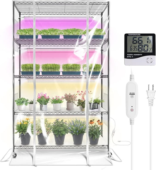 Indoor Greenhouse with Grow Light, Tall Plant Stand with 4 Pack Full Spectrum Plant Lights, 3 Color Modes, Plant Shelf with Tent for Indoor Plant, Seed Starting, Seed Tray, 47.2"x17.8"x70.9"