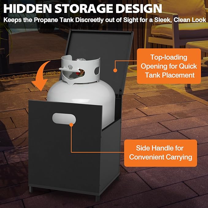 COOS BAY Outdoor Propane Fireplace Firepit, 50,000 BTU Adjustable Flame Chiminea Patio Heater with Tank Storage, Smokeless Gas, Ceramic Log, Modern Metal, 35.4''x22''x40.6'', Gray/Tan