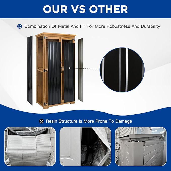 Outdoor Storage Cabinet Wood & Metal with Waterproof Roof, Garden Tool Shed with 3 Removable Shelves, 4 adjustable reinforced feet with metal brackets, 6 T-Hinge, magnetic door,15.6"D x 32.3"W x 66"H