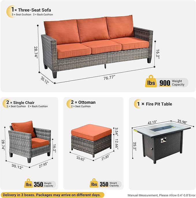 ovios Patio Furniture Set, 6 Pieces Outdoor Wicker Sofa Couch with Fire Pit Table, Ottomans and Comfy Cushions, All Weather High Back Rattan Conversation Set, Orange Red