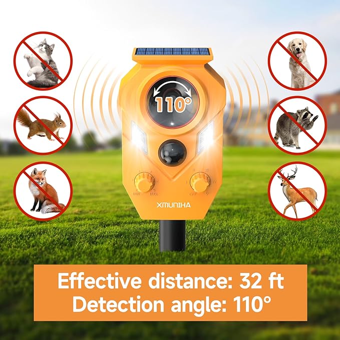 Solar Ultrasonic Animal Repellent Outdoor, Deer Repellent for Yard with RIP Sensor, IP65 Waterproof Squirrels Repeller, Effective Deterrent Cat, Raccoons, Skunks, Rabbits - Orange