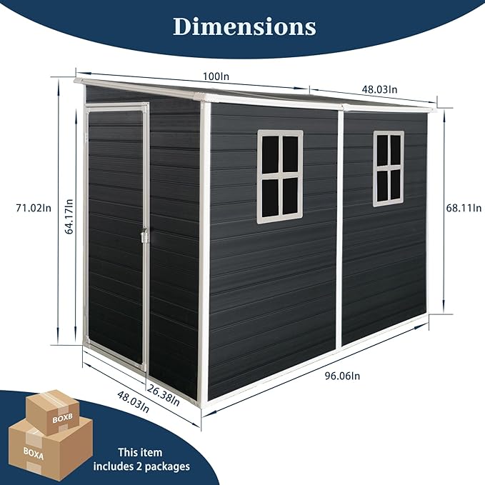 8x4ft Lean to Shed, Resin Outdoor Storage Shed with Floor and 2 Windows, Plastic Sheds & Outdoor Storage Clearance for Patio Furniture, Garden Tools Bike Accessories, Beach Chairs