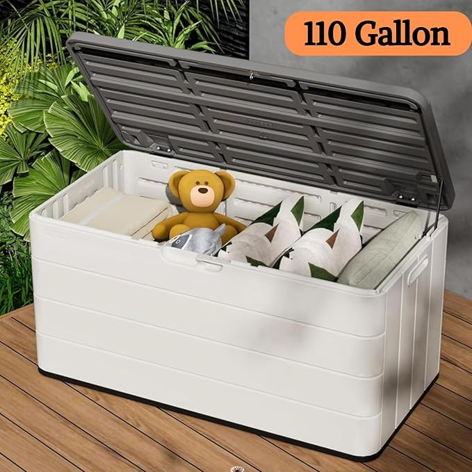ZZM 110 Gallon Lockable Resin Deck Box, Waterproof Outdoor Storage Box for Patio Cushion Storage Cabinet and Tools Storage, White