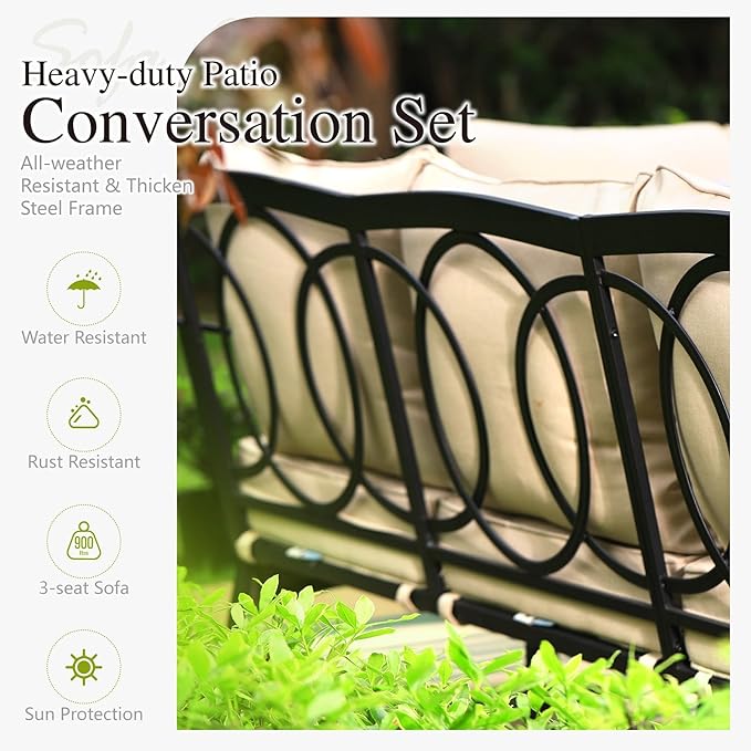 Sophia & William Metal Patio Furniture Set, 4 Seats Outdoor Conversation Set with Loveseat Sofa, 2 Swivel Chairs, 1 Coffee Table for Seating Lawn Porch Backyard, Beige