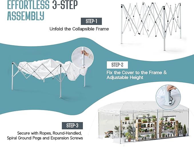 Specraft 19.2×10×8.5 FT Upgraded Pop-up Greenhouses with Adjustable Reinforced Frame, Outdoors Portable Walk in Greenhouse with 2 Roll-up Zipper Door & Mesh Windows, PE Cover, White