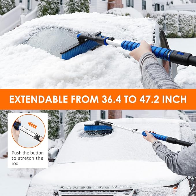 AstroAI 47.2" Ice Scrapers for Car Windshield and Extendable Snow Scraper with Foam Grip and 360° Pivoting Brush Head for Christmas Car Auto Truck SUV(Blue)