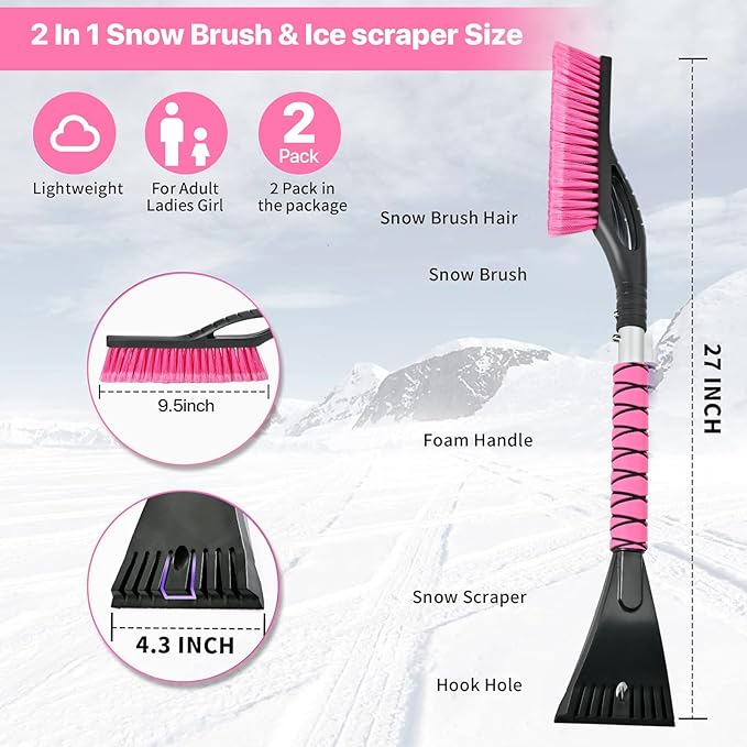 27" Snow Brush and Ice Scrapers for Car Windshield 2 Pack, Scratch-Free Bristle Head PVC Snow Brush & Foam Grip Window Snow Scraper Snow Removal Tool with Aluminum Body for Truck, SUV, Pink