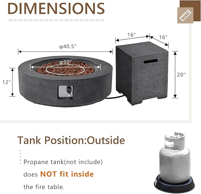 COSIEST 42 inch Outdoor Propane Fire Pit Coffee Table w Concrete Round Base Patio Heater, CSA Certified, 50,000 BTU Stainless Steel Burner, Free Lava Rocks, Rain Cover, Tank Cover, Gray