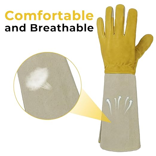 HLDD HANDLANDY Gardening Gloves Long Sleeve for Women Leather Garden Gloves Gardening Gifts for Gardener, Golden Yellow, L