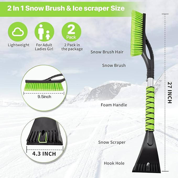 27" Snow Brush and Ice Scrapers for Car Windshield 2 Pack, Scratch-Free Bristle Head PVC Snow Brush & Foam Grip Window Snow Scraper Snow Removal Tool with Aluminum Body for Truck, SUV, Green