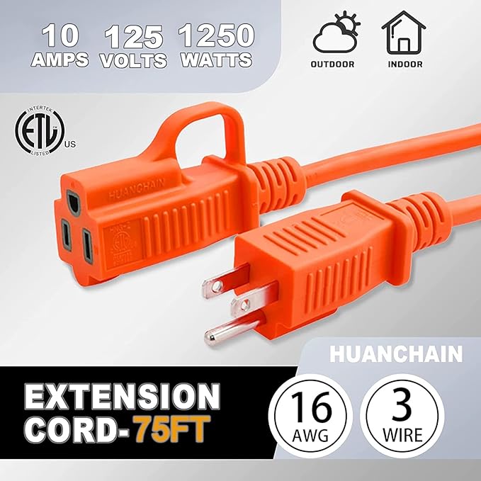 huanchain 75 Foot 16/3 Gauge Outdoor Extension Cord Waterproof, Flexible Cold-Resistant Appliance Extension Cable Outside, 10A 1250W 16AWG SJTW, 3 Prong Heavy Duty Electric Cord Orange, ETL