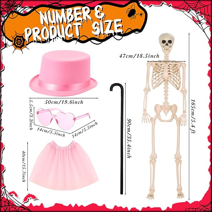 Tellingyou 6 Pcs Halloween Skeleton Decorations, Include 2 Pcs 5.4 ft Pink White Posable Life Size Skeletons, 1 Cane, 1 Tulle Skirt, 1 Hat, 1 Pink Glasses for Halloween Graveyard Haunted Decor