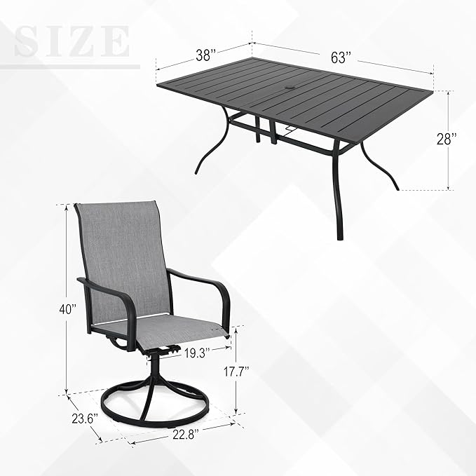 7-Piece Outdoor Dining 6 Swivel Chair and 63.5'' Rectangular Table with All Weather Frame for Backyard Front Porch Pool Deck Outdoor Furniture Set - Grey Style2