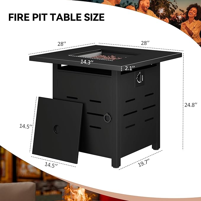 Vongrasig 28 Inch Gas Fire Pit, 50,000 BTU Propane Fire Pits for Outside, Steel Square Fire Table with Lid and Lava Rock, Patio Deck Garden Backyard