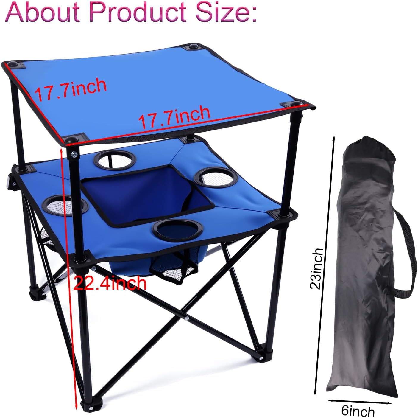 Portable Folding Camping Table with Cup Holders – Lightweight & Compact 2-Tier Outdoor Table with Storage, Ideal for Card Games, Snacks, Picnic, Tailgating & Camping (Blue + Black)