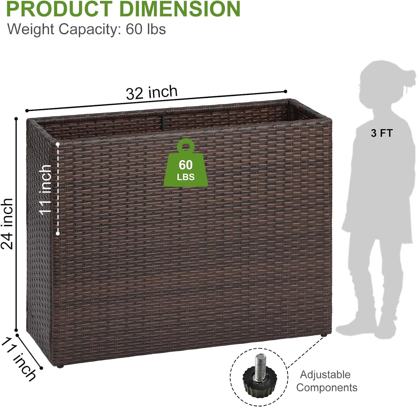 LEWIS&WAYNE Tall Planters for Outdoor Plants Handmade Wicker Large Rectangular Block Planter Box with Removable Liners Modern Planter for Indoor Outdoor Patio Deck - Brown