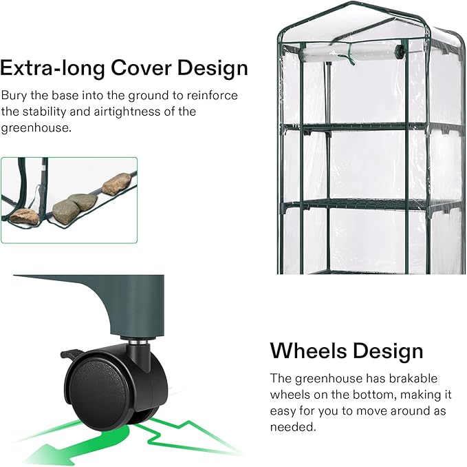 VIVOSUN Mini 4-Tier Greenhouse with Wheels, 27 x 19 x 63-Inch Reusable Portable Warm House with Clear PVC Cover and Shelf for Compact Garden and Small Backyards, with Wheels