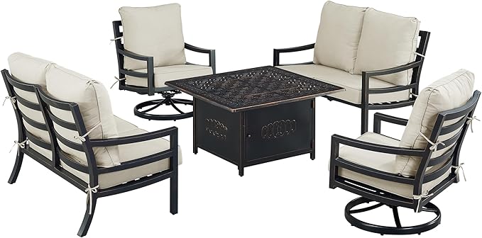 Oakland Living Black Aluminum Patio Fire Table Set with Two Deep Seating Loveseat with Cushions and Two Club Chairs with Light Grey Cushions