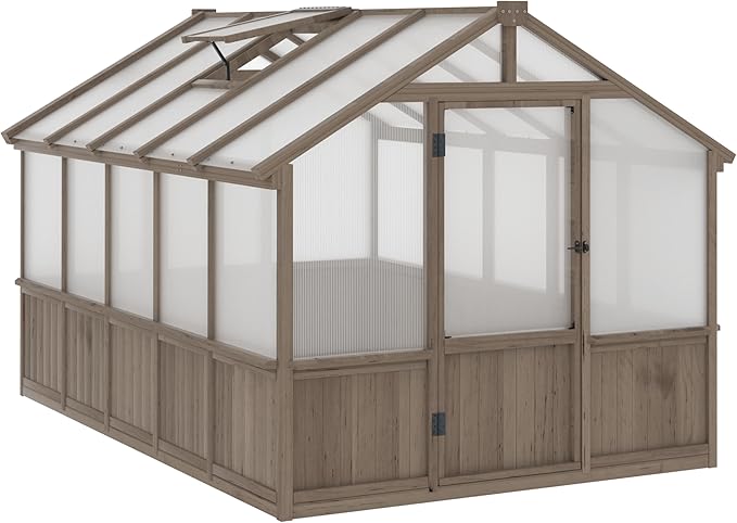 BlueWish 8x10 FT Greenhouse Kit, Wood Greenhouses with 6MM Polycarbonate Panel, Green House with Adjustable Vent & Lockable Door, Walk-in Greenhouse for Outside, Garden, Backyard