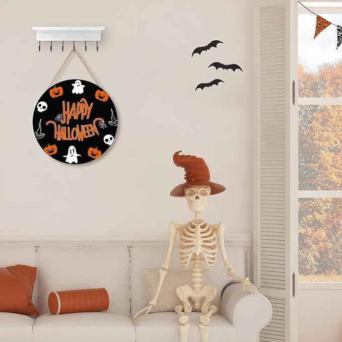 Halloween Decorations, Happy Halloween Wooden Ghost Hanging Sign for Front Door Hanger Wreath Decor, Wreath Cute Ghost Pumpkin Bat Front Door Decorations Hanging Sign, Indoor Outdoor Yard Wall Party