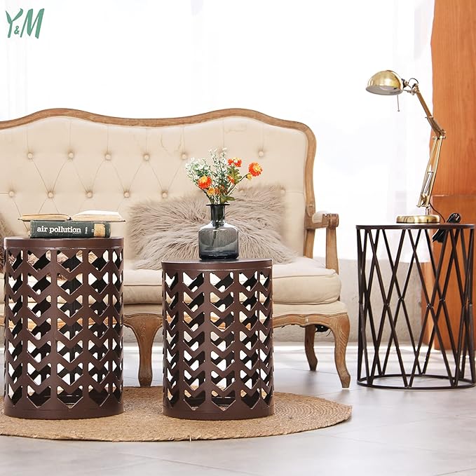 Y&M Set of 3 Round Heavy-Duty Side Table End Table, Coffee Table for Indoor Multifunctional Use, Outdoor Decorative Garden Stool Plant Stand-Pure Brown(Ship from US)