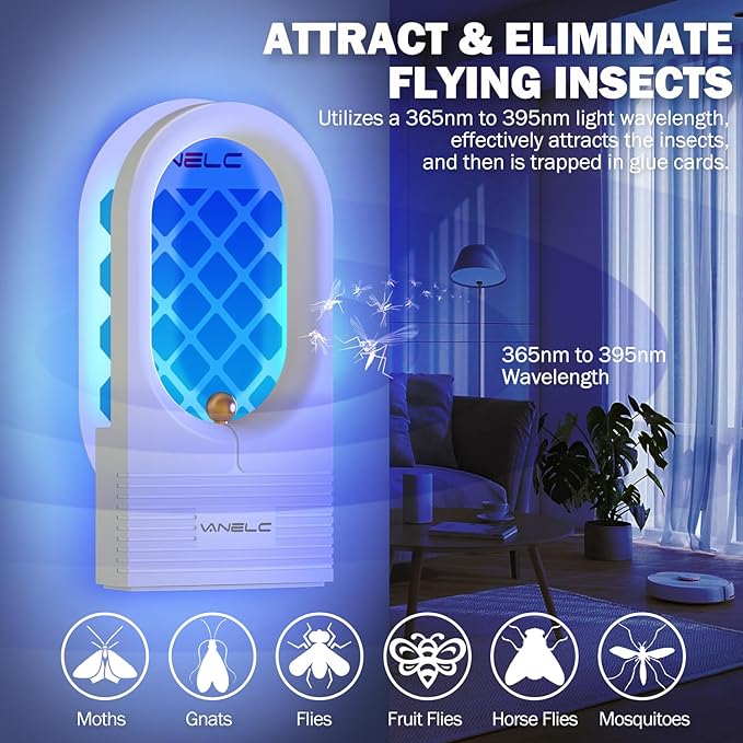 Fly Trap Indoor, 2 Pack Flying Insect Trap, Plug-in Fruit Fly Trap for Flies, Moth and Other Flying Insects, Gnat Traps for House Indoor, Bug Catcher Light Fly Killer (16 Double Sided Glue Cards)