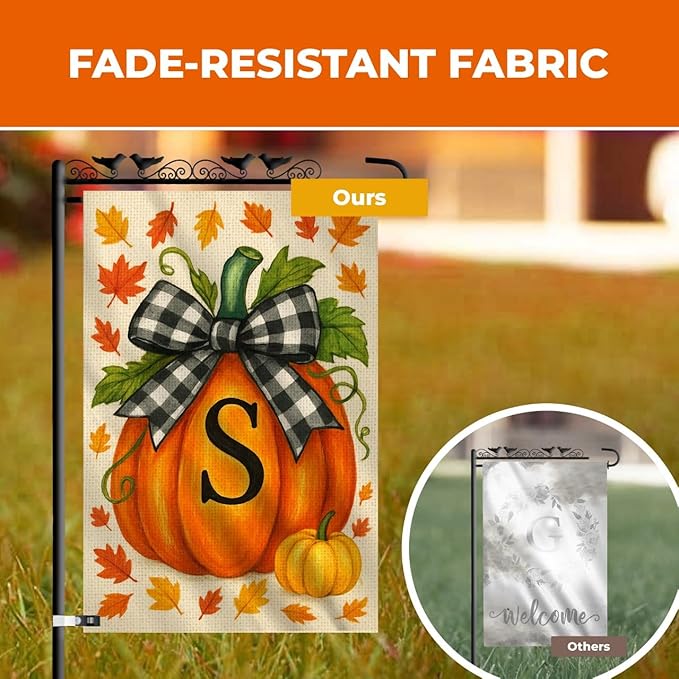 Fall Garden Flags 12x18 Double Sided – Pumpkin Monogram Garden Flag S – Fall Yard Flags for Outside Burlap, Weatherproof & Fade Resistant, Farmhouse Outdoor Décor