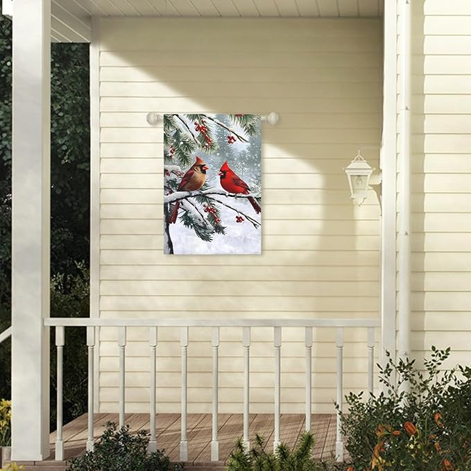 Winter Cardinal Bird Garden Flag Red Bird Pine Twigs Yard Flag Double Sided Polyester Holly Berry Snow Seasonal House Banner for Outdoor Farmhouse Christma Holiday Decor 28 x 40 Inch