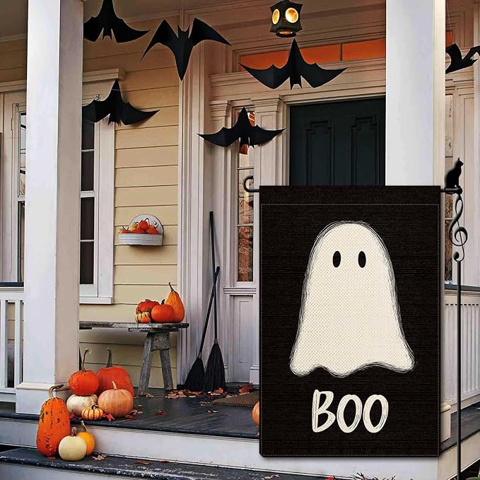 Happy Halloween Boo Garden Flag Cute Ghost Small Flag for Outside Burlap Double Sided Welcome Yard Lawn Decor 12.5x18"