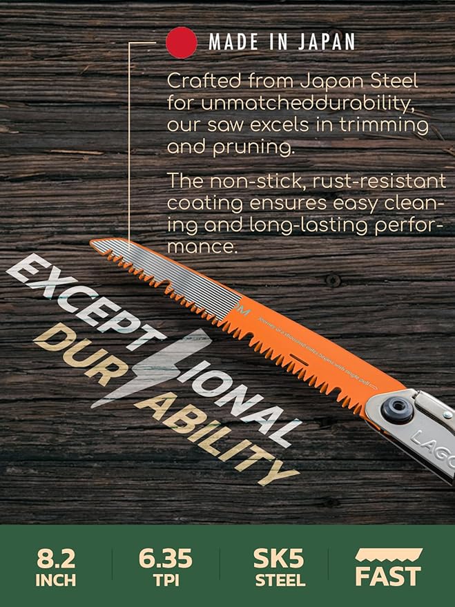 LAGOM Folding Camp Saw for Cutting Branches, 8.2" Straight Blade | SK5 Steel, Ergonomic Handle, One-Hand Use, Secure Lock | Foldable Pruning Tool for Camping, Gardening, Survival, Kayaking, Outdoors
