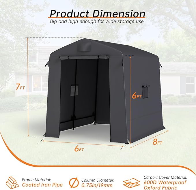 6x8 ft Outdoor Storage Shelter Shed with Roll-Up Zipper Doors & Mesh Windows, Portable Waterproof Storage Tent for Motorcycle, Bike, Firewood, Lawn Mowers, Garden Tools (Black)