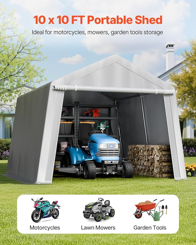 VEVOR Outdoor Storage Shed, 10 x 10 ft Portable Storage Tent with Roll-up Door & Vents, Waterproof Canopy Shed Shelter, Heavy Duty Frame, Patio Garage Carport for Motorcycle, Lawn Mower, Bike, Grey