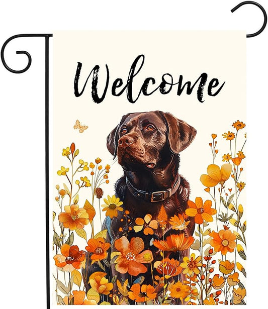 Floral Chocolate Lab Garden Flag Fall Yard Flag Wildflower Labrador Dog Garden Flags Orange Autumn Lawn Flags Welcome Thanksgiving Outdoor Flags for Outside 12x18 Double Sided Small