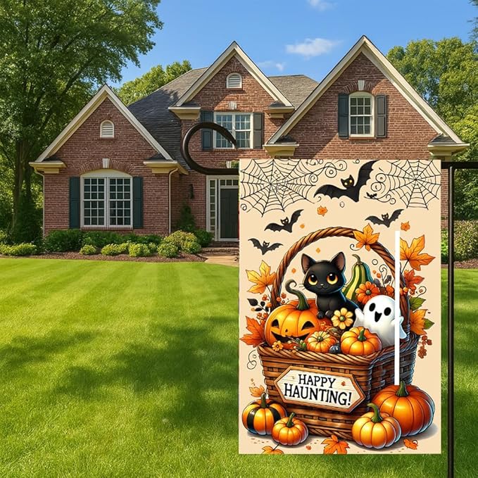 Spooky Halloween Cat Ghost Garden Flag 12x18 Inch Double Sided Yard Outdoor Decoration