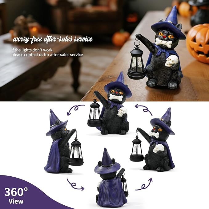 Halloween Black Cat Decor Spooky Solar Cat Garden Statues Holding Skull with LED Lantern Halloween Outdoor Decorations for Porch Patio Yard Lawn Holiday Gardening Gifts for Women