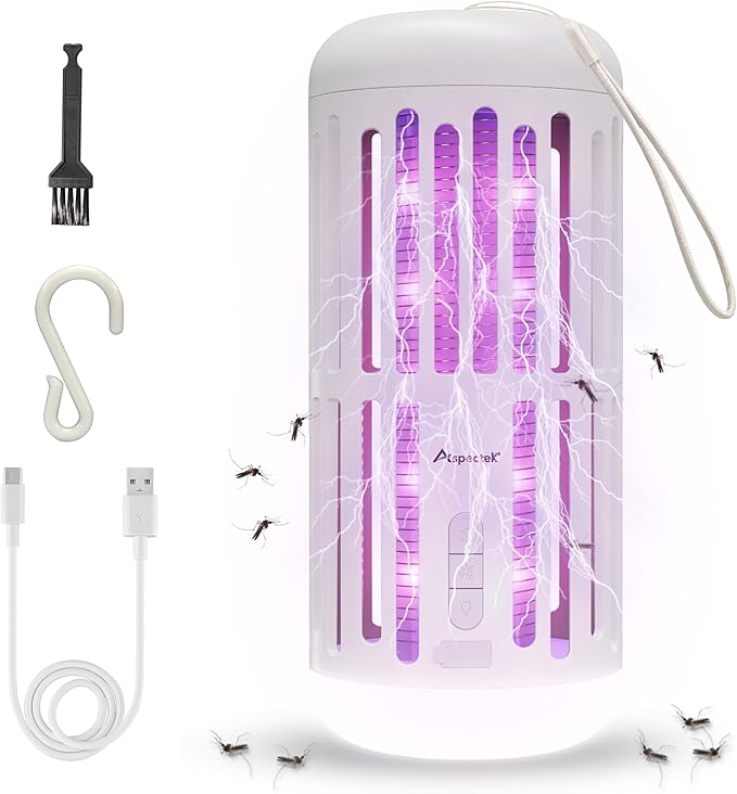 ASPECTEK Portable Bug Zapper with Bluetooth Speaker – Rechargeable LED Mosquito Zapper and Ambient Light, Cordless Insect Device for Indoor/Outdoor Use, Patio, Camping, Garden – 3-in-1 Design